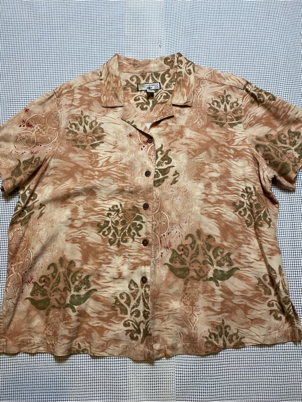 Caribbean Joe Beige and Olive Short-Sleeve Button-Down Shirt Sz-2XL